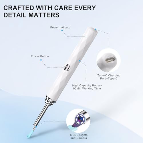 Image of High-Definition Ear Wax Removal, Wireless Ear Cleaner, Safe and Gentle Ear Wax Removal Kit, Rechargeable Ear Cleaner with Camera and Light, Ear Cleaning Kit for Android and iOS (White)