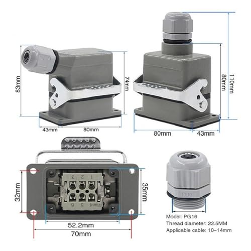 Conector impermeable industrial HDC-HE16 rectangular con pines de 16A 3