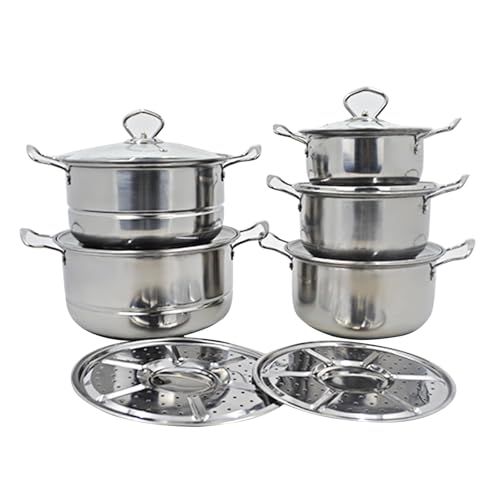 Juego de 5 utensilios de cocina de acero inoxidable, cacerola, con tapas de vidrio y bandejas de vapor, compatibles con cocinas de gas e inducción, color plateado