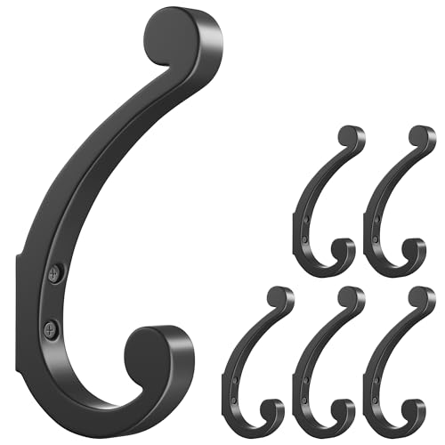 Josmimic 1000437-B WALL HOOKS 6 PACK Coat Hooks Wall Mount For Hanging - Black Large Retro Double Hooks With Screws, Heavy Duty Coat Hanger, Holder 40Lb, Coat Rack cover