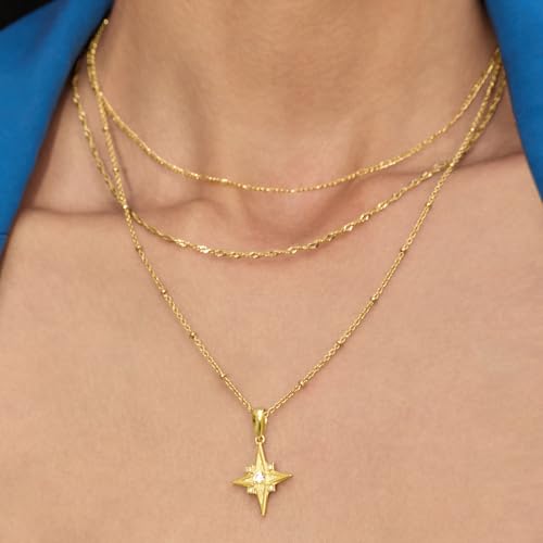 Cicy Bell Womens Four Point Star Layered Necklaces 18k Gold Plated Stackable Pendant Necklace Cubic Zirconia Long Necklace Sets Good Luck Trend Jewelry Gift3