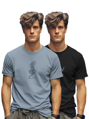 Image of BULLMER Trendy Printed Cotton Blend Crew Neck /Round Neck Half Sleeve Tshirt for Men- Pack of 2