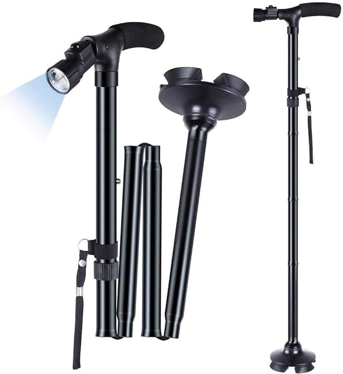Walking Cane Adjustable Folding Walking Cane with LED Flashlight 4 Non-slip Support Feet and Wrist Strap T Handle Suitable Elderly Safety, Ultralight for Hiking,Camping