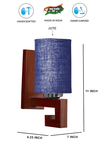 Image of Wall Lamp with Wooden Base (H- 10.9 Inch, Blue) Wall Sconce for Bedroom /Living Room, Study Room, Hall, Home Office Decor | Decorative Indoor Lighting, Warm Ambient Night Light | Barrel Shape