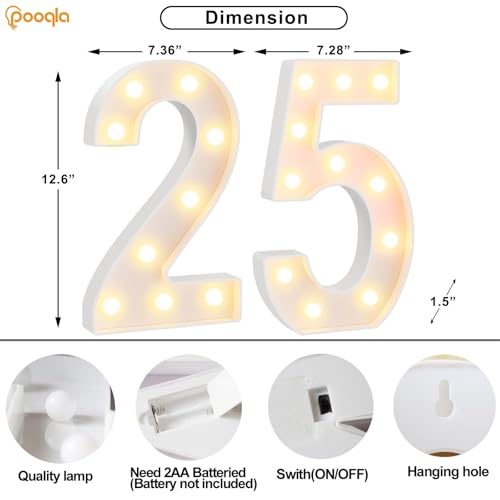 Image of Pooqla 25th Birthday Decorations for Her Him, Large 12.6 in Tall Light Up Numbers for Party Decorations Table Decor, Big Marquee Numbers 25th Birthday Gift for Women Men Wedding Anniversary Decor