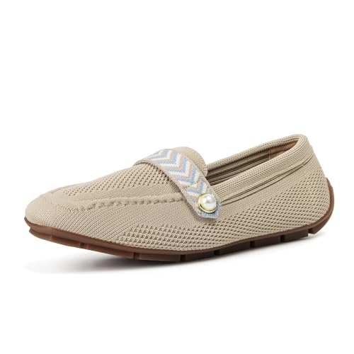 Image of Slip On Knit Loafers for Women Comfortable Casual Women's Square Toe Loafer Flats Driving Work Dress Breathable Knitted Flat Shoes with Pearl Memory Foam