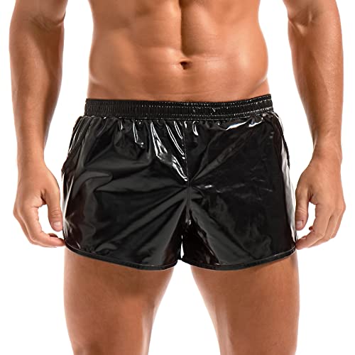 Amy Coulee Mens Metallic Shorts Rave Shiny Hot Pants Sparkly Sexy Boxer Shorts with Pockets (Black, XL)
