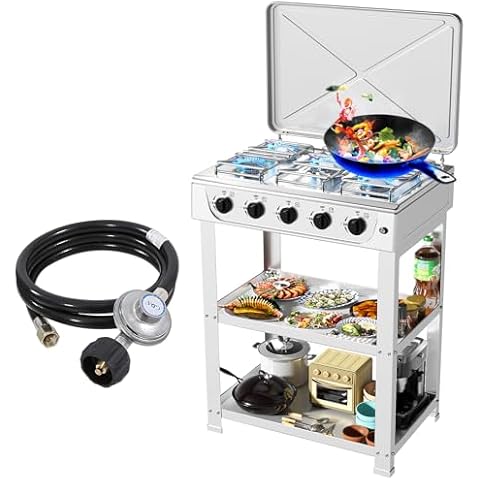 Propane Gas Stove,5 Burner Propane Burner,Auto Ignition Camping Stove with Support Leg Stand and Wind Blocking Cover Adapter, Portable Gas Stove for RV, Apartment, Outdoor Cooking Cover
