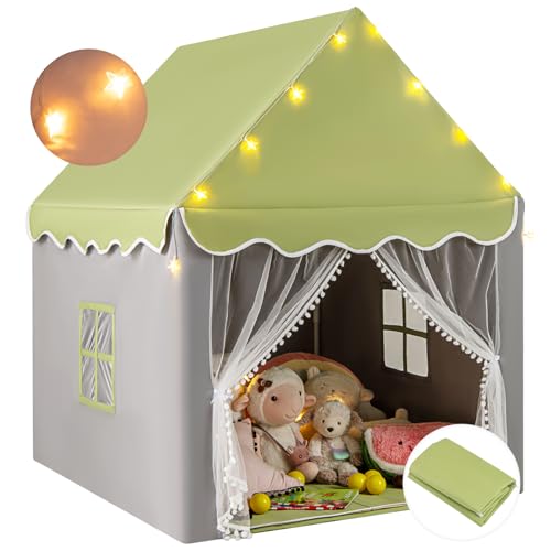 HOMASIS Kinderzelt für Indoor, Spielhaus mit Matte & Sternlichtern & Fenstern & doppeltem Vorhang, Kinder Spielzelt Prinzessin Kinderspielzelt Bettzelt für Mädchen & Jungen (Grün, Warmes Licht)