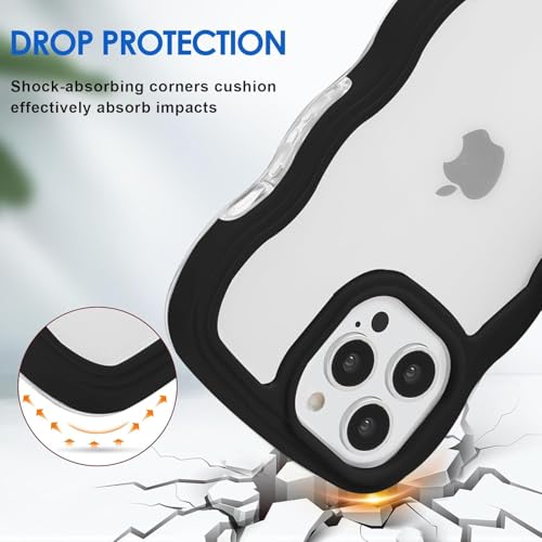Image of GoldKart iPhone 13 Pro Max Case Wavy Edge Clear Back Design, Anti-Slip Grip Cute Wave Curly Frame Shape Shockproof Soft TPU & Hard PC Bumper Protective Phone Case Cover for Women Girls - Black