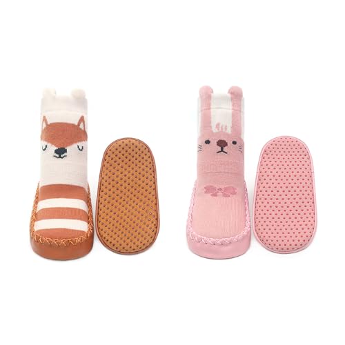 NEMOGLOBAL Toddler Baby Non-skid Sock Shoes Non Slip Floor Slipper for Infant Girls Boys First Walking 2 Pairs (Rabbit+Fox, Infant, 6 Months, Age Range, US Footwear Size System, 12 Months, Medium)