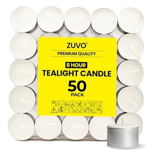 Zuvo 8-Hour Unscented Tea Light Candles (50-Pack) - Long-Lasting with Cotton Wicks, Clean Burning, 3.8 x 2.3 cm, White