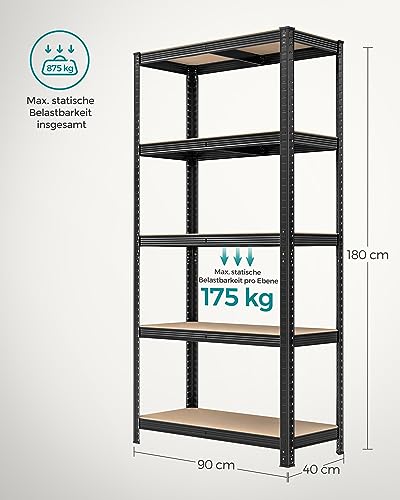 SONGMICS Schwerlastregal, 2er Set, Kellerregal, Lagerregal, 40 x 90 x 180 cm, Regal mit Stahlgestell, jeweils bis 875 kg belastbar, 5 verstellbare Ablagen, schwarz GLR040B02