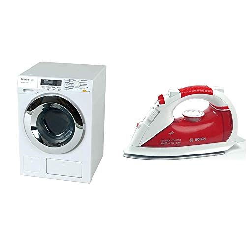 Theo Klein 6941 Miele Waschmaschine I Vier Waschprogramme und Originalgeräusche I 18,5 cm x 26 cm x 18 cm I Spielzeug für Kinder ab 3 Jahren, Weiss & 6254 - Bosch Bügeleisen, Spielzeug