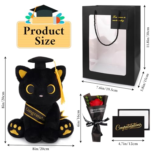 Image of 2026 Graduation Gift Set - Black Cat Plush with Soap Rose Bouquet & Card, Class of 2026 Stuffed Animal for Her, Him & Kids, High School College Graduate