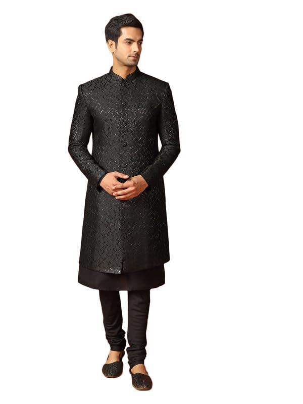 KISAH Men’s Kurta Indo-Western Sherwani Churidar Set, Black Jacquard, Woven Regular Fit Mandarin Collar Long Sleeves KISAH Men’s Kurta Indo-Western Sherwani Churidar Set, Black Jacquard, Woven Regular Fit Mandarin Collar Long Sleeves