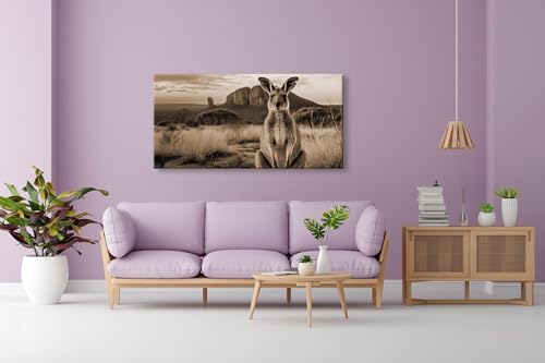 Leinwandbild Känguru vor Outback-Kulisse – wild und wunderbar Panorama 100x50cm Effekt: Sepia XXL Wandbild auf Keilrahmen/Kunstdruck/Bild Wohnzimmer Dekoration