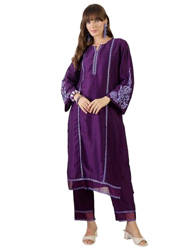 Image of INDO ERA Women's Silk Blend Floral Embroidered Straight Kurta & Pant Set (IESTR11531)