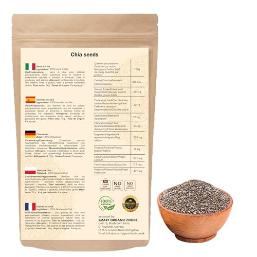 Chiasamen 1kg – 100% Natürlich, Reich an Omega-3, Ballaststoffen & Protein – Vegan, Glutenfrei, Rohes Superfood – Ideal für Smoothies, Backen, Porridge, Salate – Wiederverschließbarer Beutel