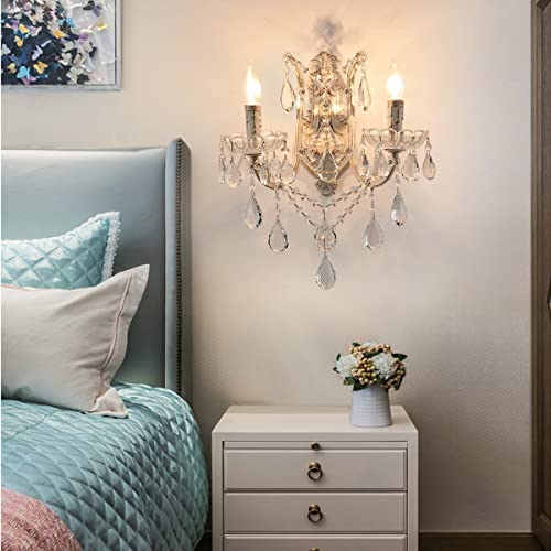 Image of YLONG-ZS French Country Crystal Wall Sconce, 2-Light Distressed White Gold Candle Style with Teardrop Crystals, Hardwired Indoor Decor for Bedroom Bathroom Vanity, E12 Base