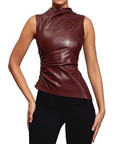 BAIMORE Women's Street Solid Mock Neck Sleeveless PU Leather Pleated Slim Fit Tank Top