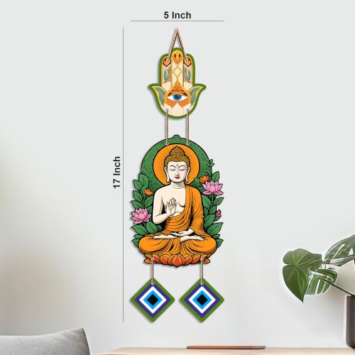 Image of Artvibes Buddha Wall Hanging with Hamsa Hand & Evil Eye Accents | Spiritual Wooden Decor for Meditation | Yoga and Prayer Spaces | Decorative Hanging Ornament for Home Entrance (WH 8596N)