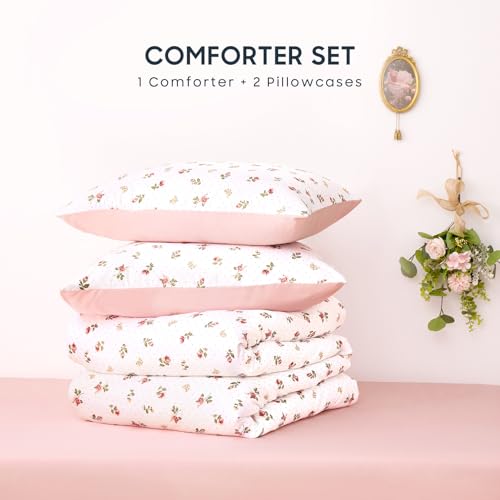 Image of Wake In Cloud - Floral Comforter Set, Coquette Cottagecore Aesthetic Cute Flower Rose Pattern for Women Teen Girls, Soft Lightweight Dorm Bedding, 3 Pieces, Pink, Twin /Twin XL Size