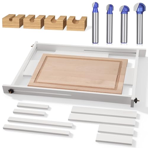 CroBlissful Juice Groove Router Jig 8 Spacers 4 Pcs 1/4 Shank Round Nose Cove Box Router Bit Adjustable Wooden Juice Groove Jig for Cutting Board Up to 22 x 29 Making Square Recesses (White)