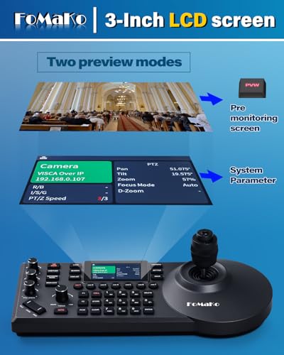 FoMaKo KC608 Pro NDI PTZ Controller (Black) - PoE, LCD Screen Preview, 4D Joystick, NDI License Included, for Church Live Streaming & Education