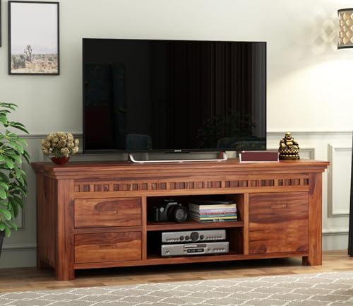 Image of Solid Sheesham Wood TV Unit for Living Room: 2 Drawers, 2 Shelves, and 1-Door Storage | TV Stand | TV Cabinet with Open & Close Storage for Living Room and Hotel Furniture | (Honey Finish)
