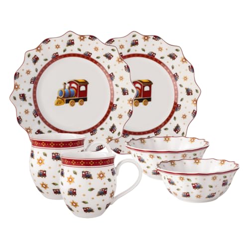 Villeroy & Boch - Toy's Delight set de desayuno para 2 personas locomotora 6 piezas colorido, vajilla de Navidad, Vajilla con platos, tazas y cuencos de desayuno, porcelana premium