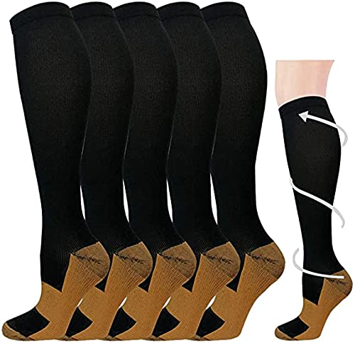 5 Pairs Graduated Copper Compression Socks for Men & Women 15-20mmHg Knee High Support Socks for Running Athletic Cycling
