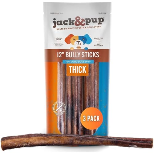 Jack&Pup 12 Inch Bully Sticks for Dogs (3 Pack) Extra Thick Dog Chews Long Lasting, Odor Free, Single Ingredient, 100% Beef Bully Sticks for Large Dogs