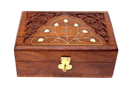 Image of HusNain Handmade Wooden Jewellery Box for Women - Jewel Organizer Hand Carved with Intricate Carvings Gift Items Vanity box Organiser For Women, Storage, Gold, Cash, Money (MEDIUM (7 x 5 inches))