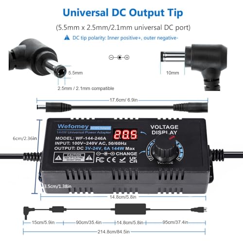 3V-24V 6A 144W Einstellbares Netzteil Universal Netzteiladapter Verstellbarer Netzadapter 100V-240V AC to DC mit LED Spannungsanzeige und 14 Tipps für Haushaltselektronik, 6000mA Max