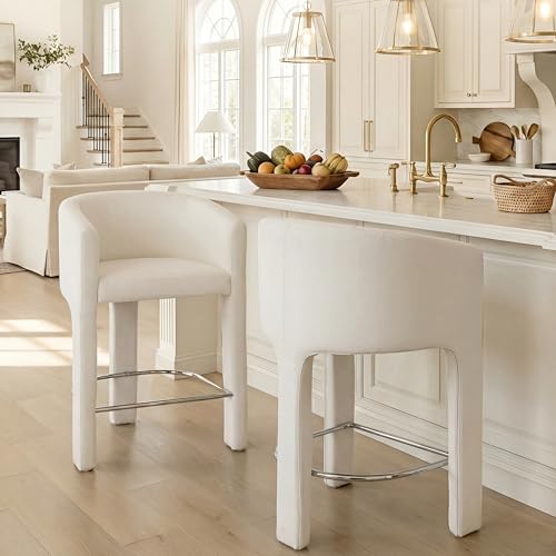 Image of HNY Modern Barrel Bar Stools Set of 2, 26 Inch Upholstered Velvet Counter Height Barstools with Back and Armrests, for Kitchen Island, Home Bar, Dining Room, No Assembly, Cream
