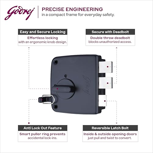 Image of Godrej Tribolt Compact 1CK LB | for Inside /Outside Opening Wooden Doors | 60mm Backset | Reversible Latch | 3 Keys | Puller Ring Anti-Lockout | Textured Black Finish | 5 Year Warranty
