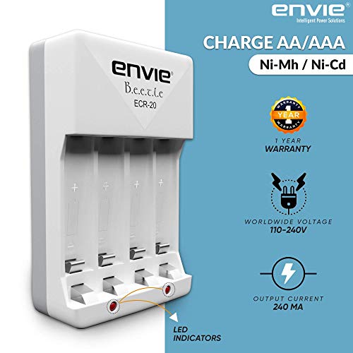 Image of ENVIE (ECR2028008002PL) Beetle High Speed Wall Plug Charger ECR 20 for AA & AAA Ni-mh /Ni-cd Rechargeable Batteries with 2 xAA2800 & 2xAAA800 Infinite Plus Rechargeable Batteries & LED Indicator