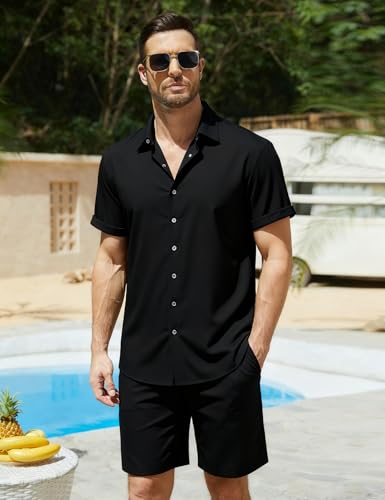 Image of Yimoon Men's Summer 2 Piece Outfits Tropical Print Short Sleeve Button Down Hawaiian Beach Shirt and Shorts Set