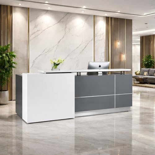 Image of Modern Reception Desk for Office, Salon & Clinic | Front Reception Counter Table with Storage | White & Grey Particle Board Reception Desk - (RCT-033 LPB L5W2)