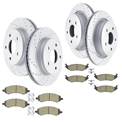 Front and Rear Drilled and Slotted Brake Rotors Ceramic Brake Pads Replacement for Dodge Ram 1500 Durango Chrysler Aspen 5 Lug Models
