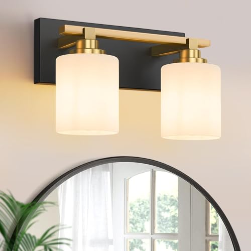 Image of Modern Bathroom Lighting Fixtures Over Mirror, Vanity Lights for Bathroom, Wall Sconces with Milky White Glass Shades, E26 Ceramic Socket, 2-Light 14-inch Black and Gold