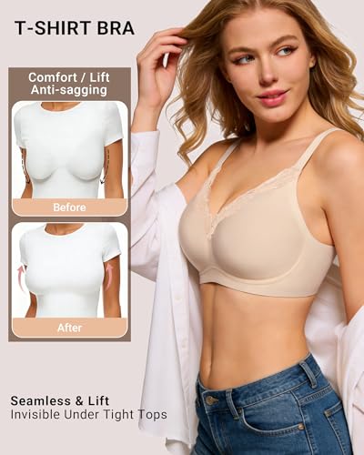 HORISUN Wireless No Underwire Bra for Women V-Neck Lace Trim Seamless Bra | Supportive,Full Coverage T-Shirt Bras,Criss Cross Straps, Smoothing Back,Buttery Soft, Comfortable Bralettes - image 4