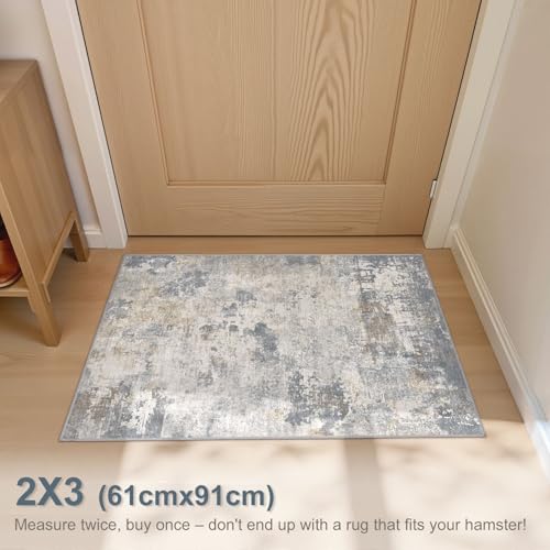 2x3 Entryway Area Rug: Washable Neutral Modern Abstract Small Rug - Non-Slip Low Pile Throw Indoor Carpet for Entrance Kitchen Front Door Mat Bathroom Entry Kids Room - Blue Grey