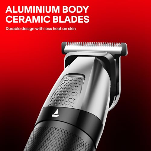 Image of boAt Slazer K100+ Full Body Trimmer for Men, 200 Min Run-Time, Stainless Steel + Ceramic, IPX6, Beard, Body, Nose, Type C, MultiGroomer, Battery Display & Travel Lock, All-in-one (Ninja Black)
