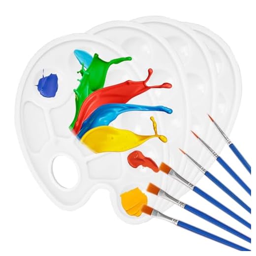 4 Piezas Paleta de Pintura Plástica, Plástico Paleta, con 6 Pinceles para Pintar al óleo, Adecuado para Pintura Artesanal DIY, Blanco