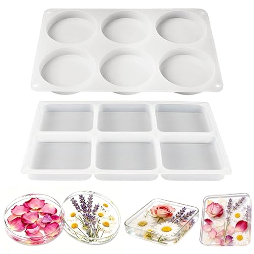 12-Cavity Extra Deep Coaster Resin Molds Silicone 4 Inches Round and Squares Coaster Silicone Molds for Resin Coaster Epoxy Resin Molds for Flower Bouquet