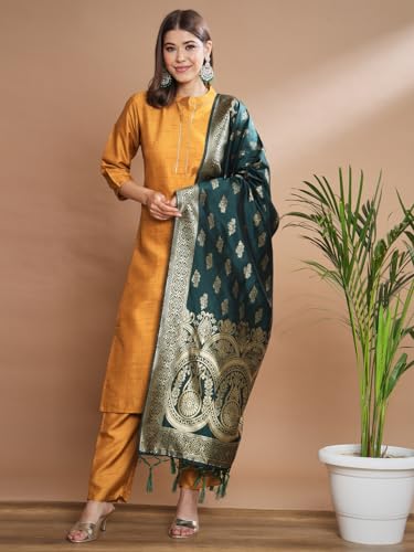 Image of VredeVogel Women's Cotton Silk Blend Straight Kurta Trouser With Dupatta Set