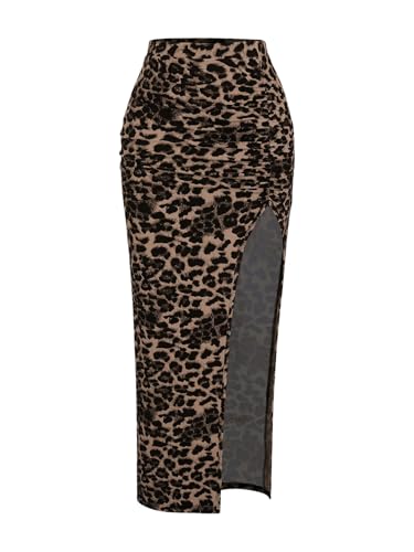 GORGLITTER Women's Sexy High Waist Bodycon Ruched Long Skirt Office Business High Slit Pencil Skirts Brown Medium