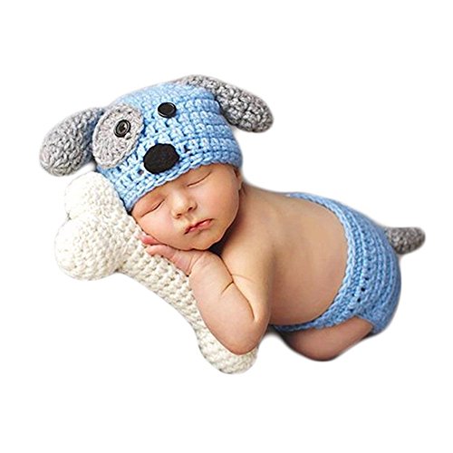 Fashion Newborn Baby Photography Props Boy Girls Photo Shoot Props Outfits Crochet Knitted Costume Unisex Cute Infant Hat Pants Set (Blue Dog)